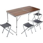 Uniqamping Çanta Tipi 4 Tabureli Katlanır Kamp Masa Seti - Ahşap Desen -60x120 cm